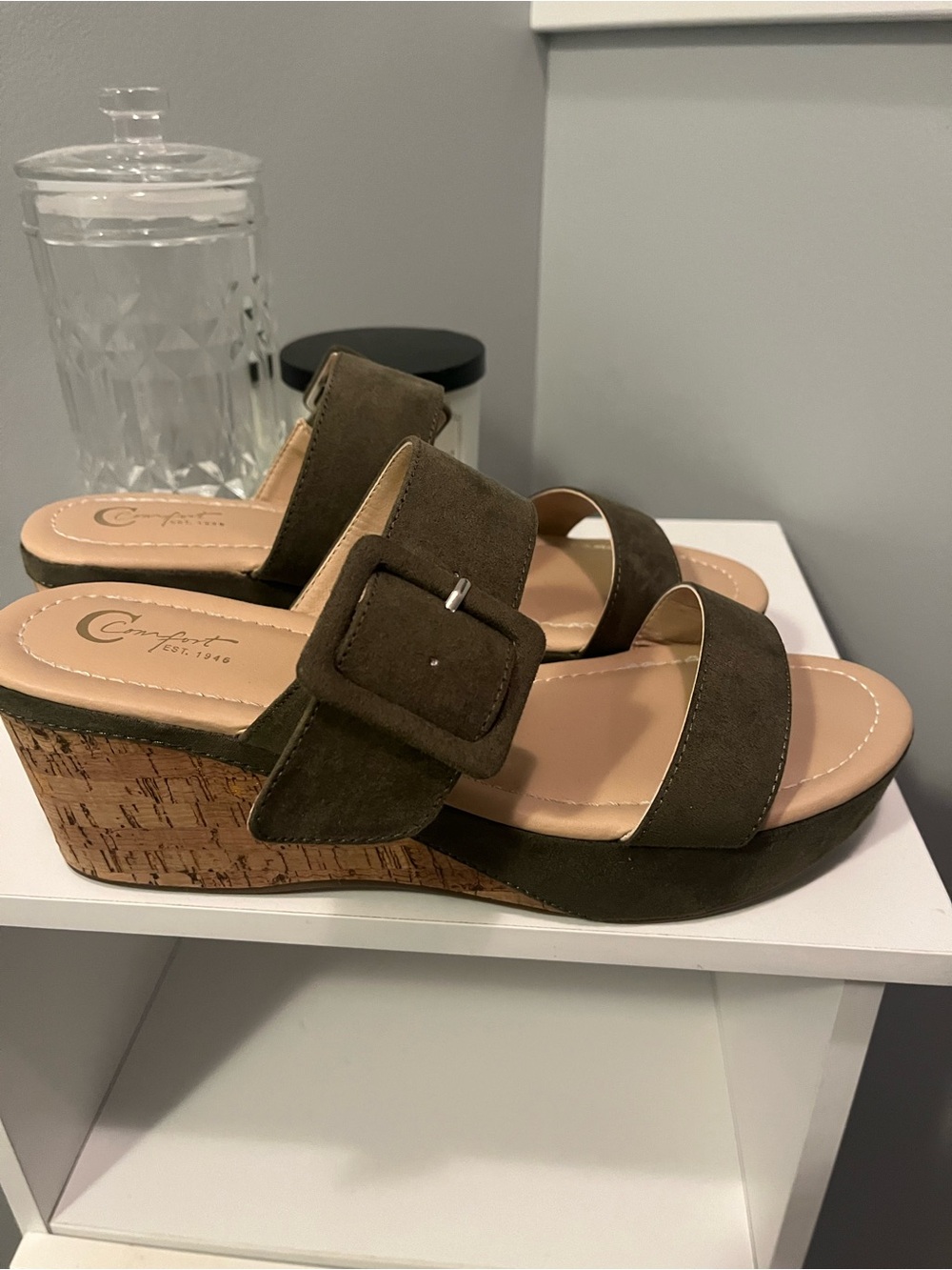 Comfortiva Olive Suede Cork Wedge Slide Sandals